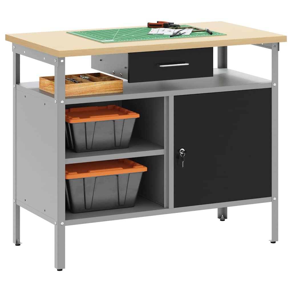 Banco da lavoro VidaXL con cassetto con ripiano nero e grigio 100 x 55 x 85 cm
