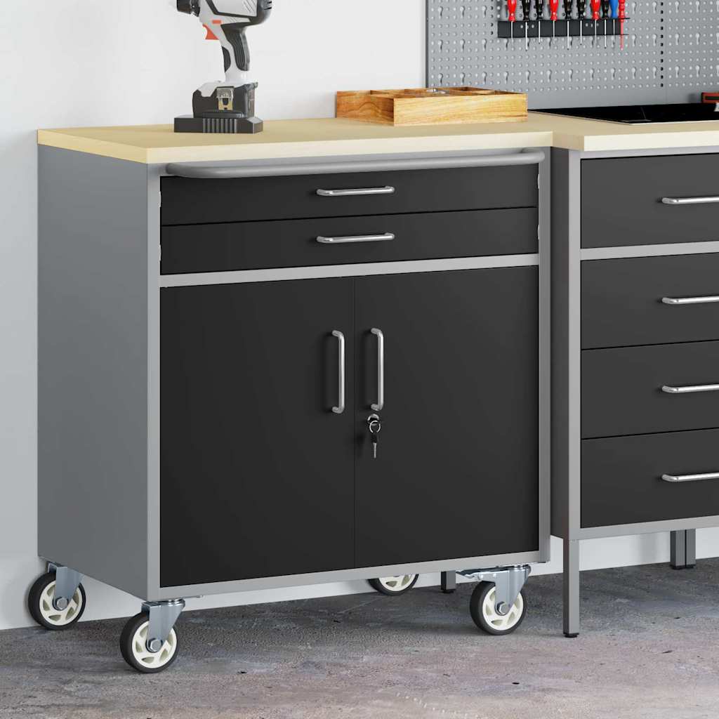 Banco da lavoro VidaXL con cassetto con ruota nero e grigio 75 x 45 x 85 cm