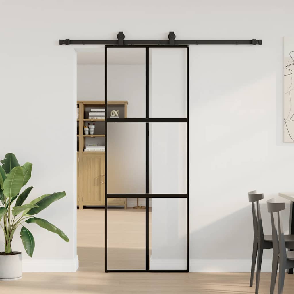 Porta scorrevole VidaXL con set ferramenta 76x205 cm vetro temperato nero