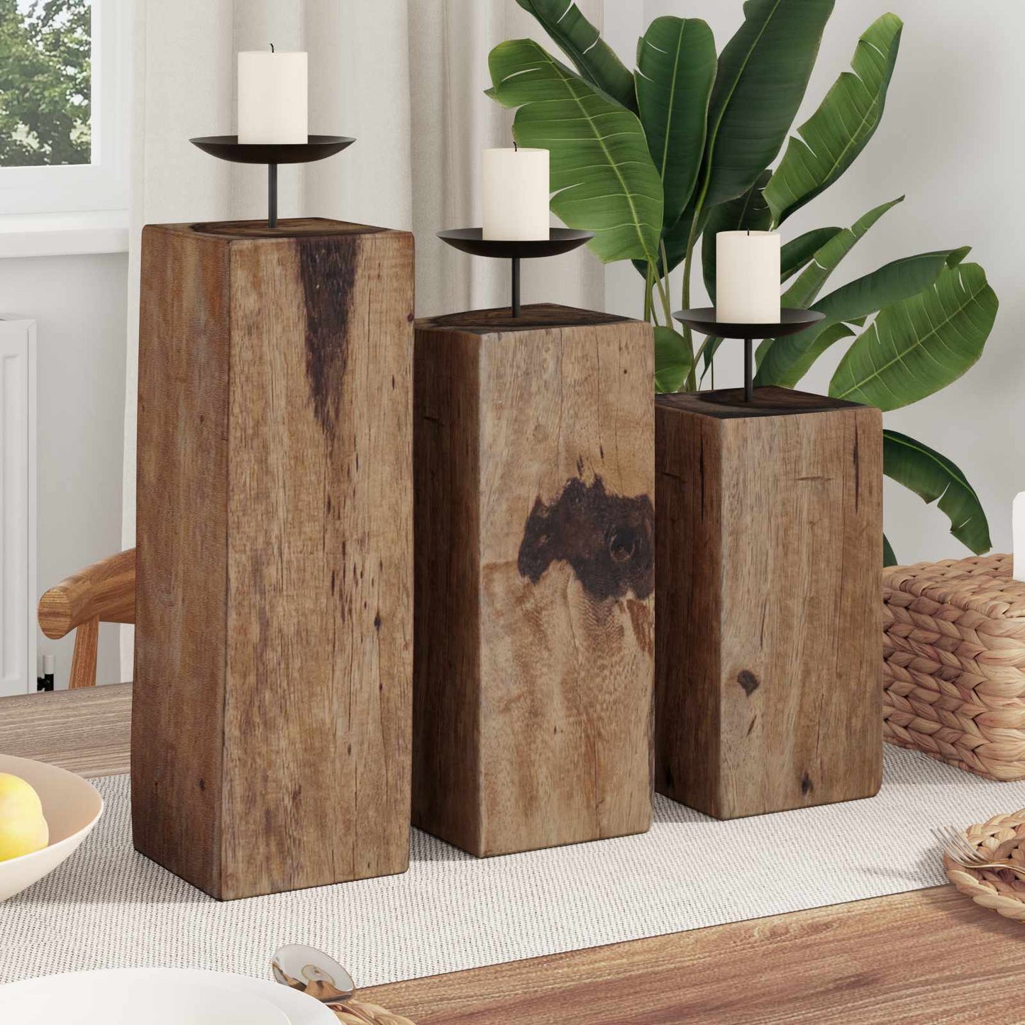 Portacandele VidaXL 3 pezzi in legno massello riciclato naturale