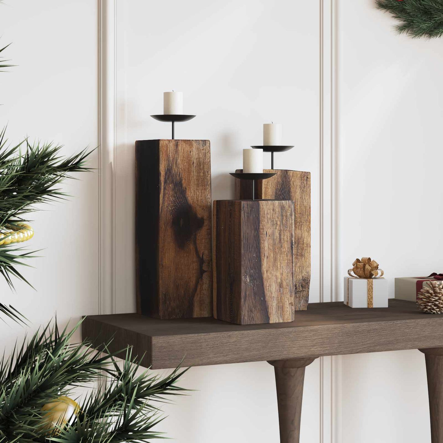 Portacandele VidaXL 3 pezzi in legno massello riciclato naturale