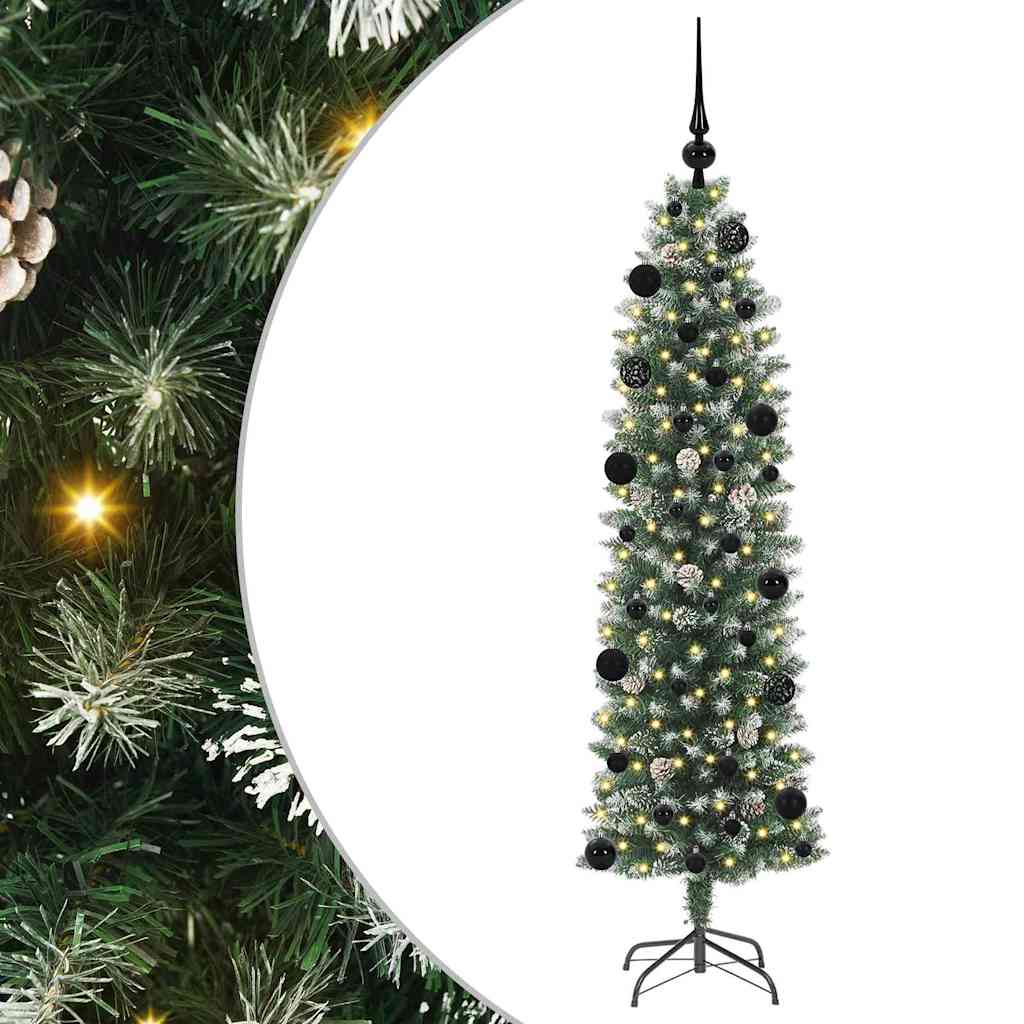 Vidaxl kunstmatige slanke kerstboom met 150 led groen en wit 150 cm