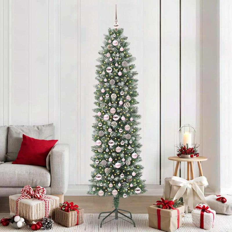 Vidaxl kunstmatige slanke kerstboom met 300 led groen en wit 210 cm
