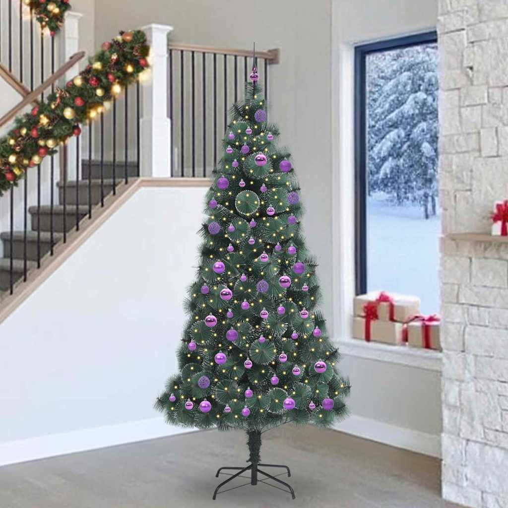 VidaXL árbol de Navidad artificial con juego de bolas, tapa iluminada verde 240 cm