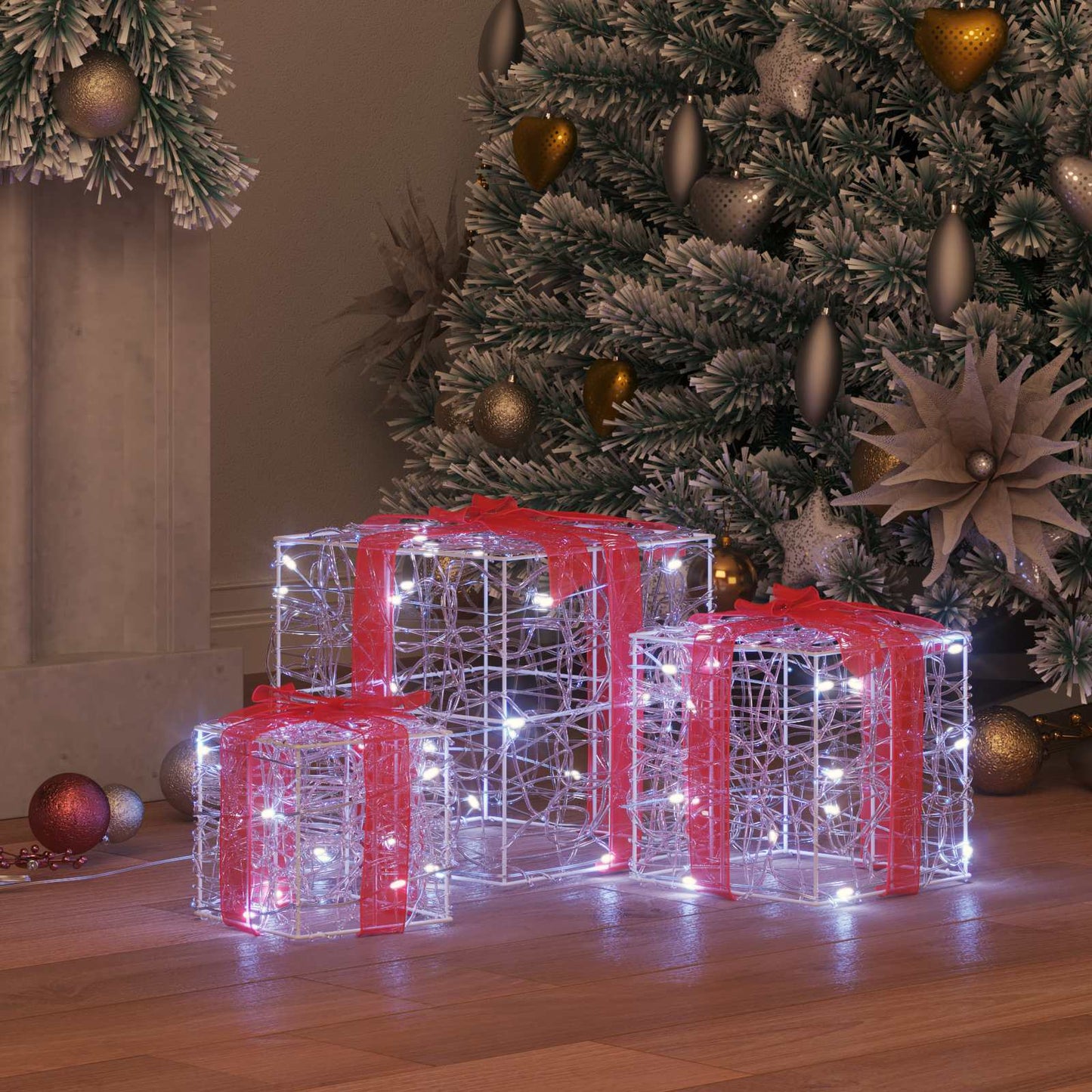 Vidaxxl caja regalo con 60 LED 3 piezas blanco frío 20 x 20 x 20 cm acrílico