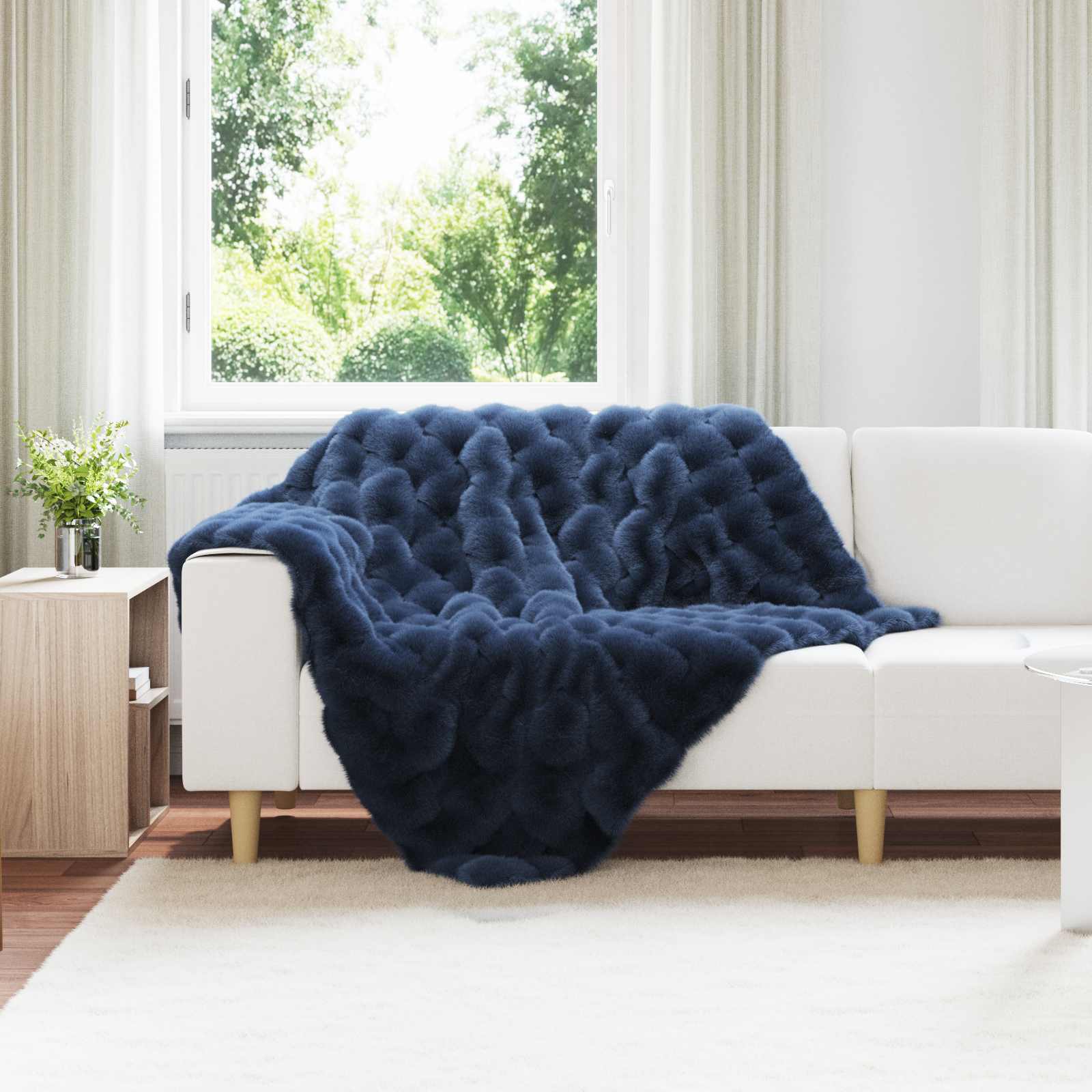 VidaXL coperta in pelliccia di coniglio finta pelliccia oilte blu navy 130 x 150 cm