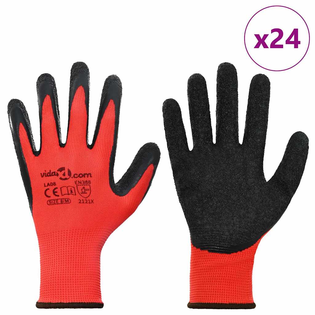 Vidaxl werkhandschoenen 24 pcs rood en zwart 8 m latexcoating