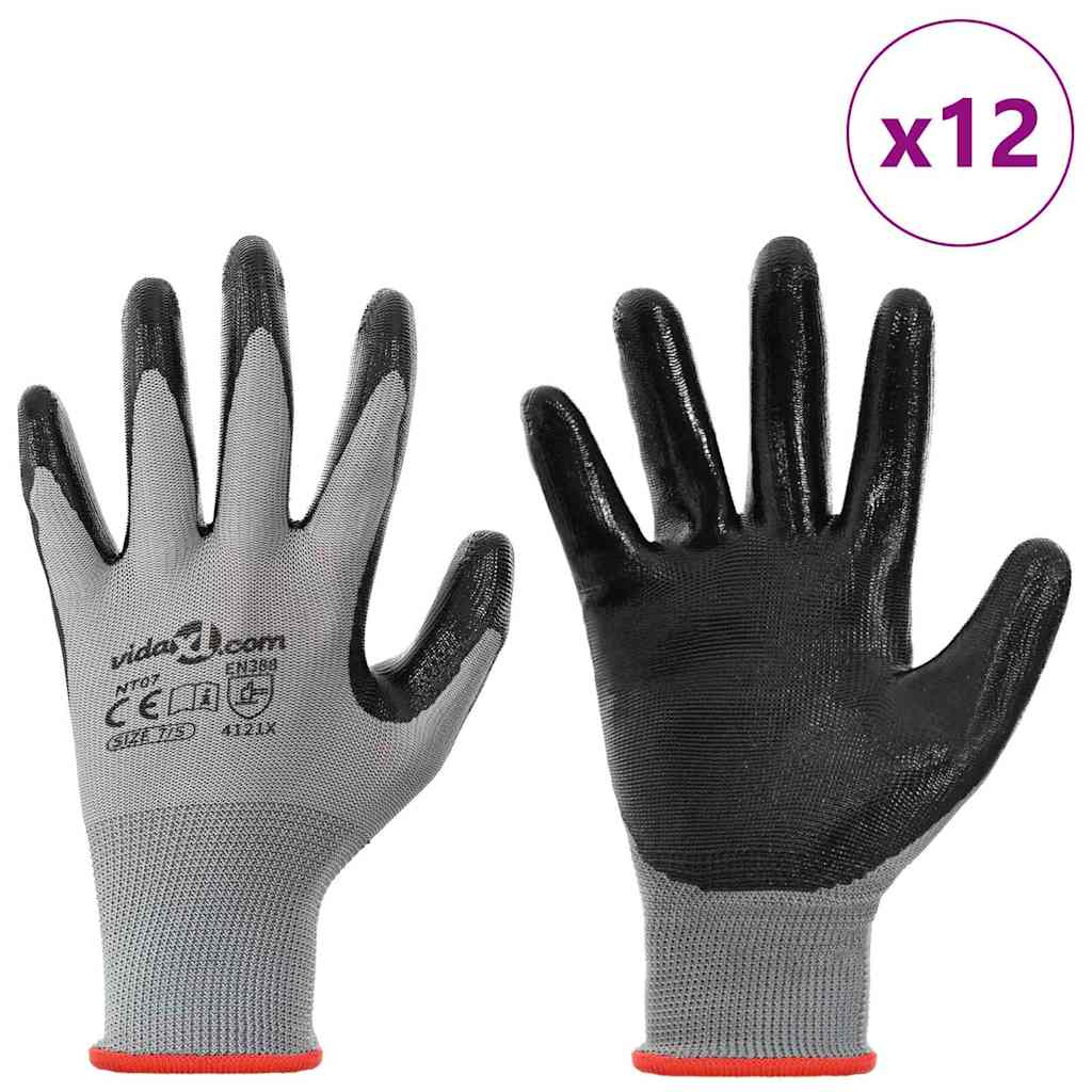 Vidaxl werkhandschoenen 12 pcs grijs en zwart 7 s polyester