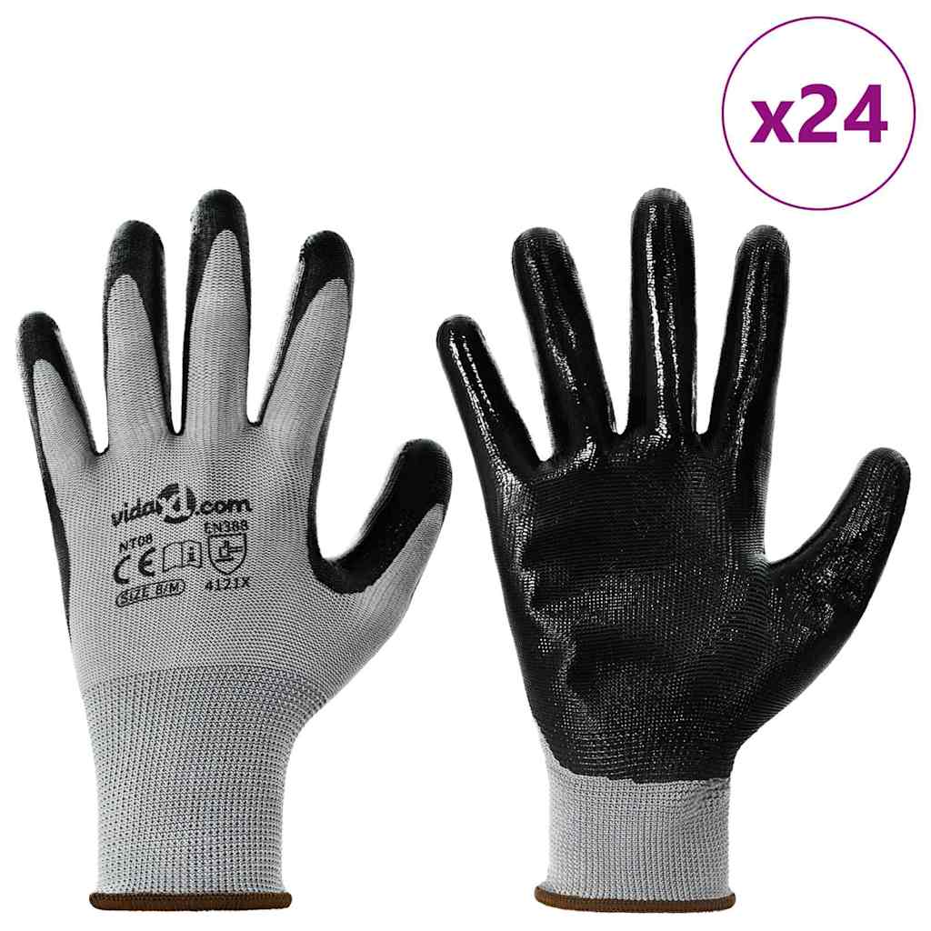 Vidaxl werkhandschoenen 24 pcs grijs en zwart 8 m polyester