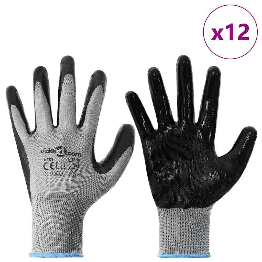 Vidaxl werkhandschoenen 12 pcs grijs en zwart 9 l polyester