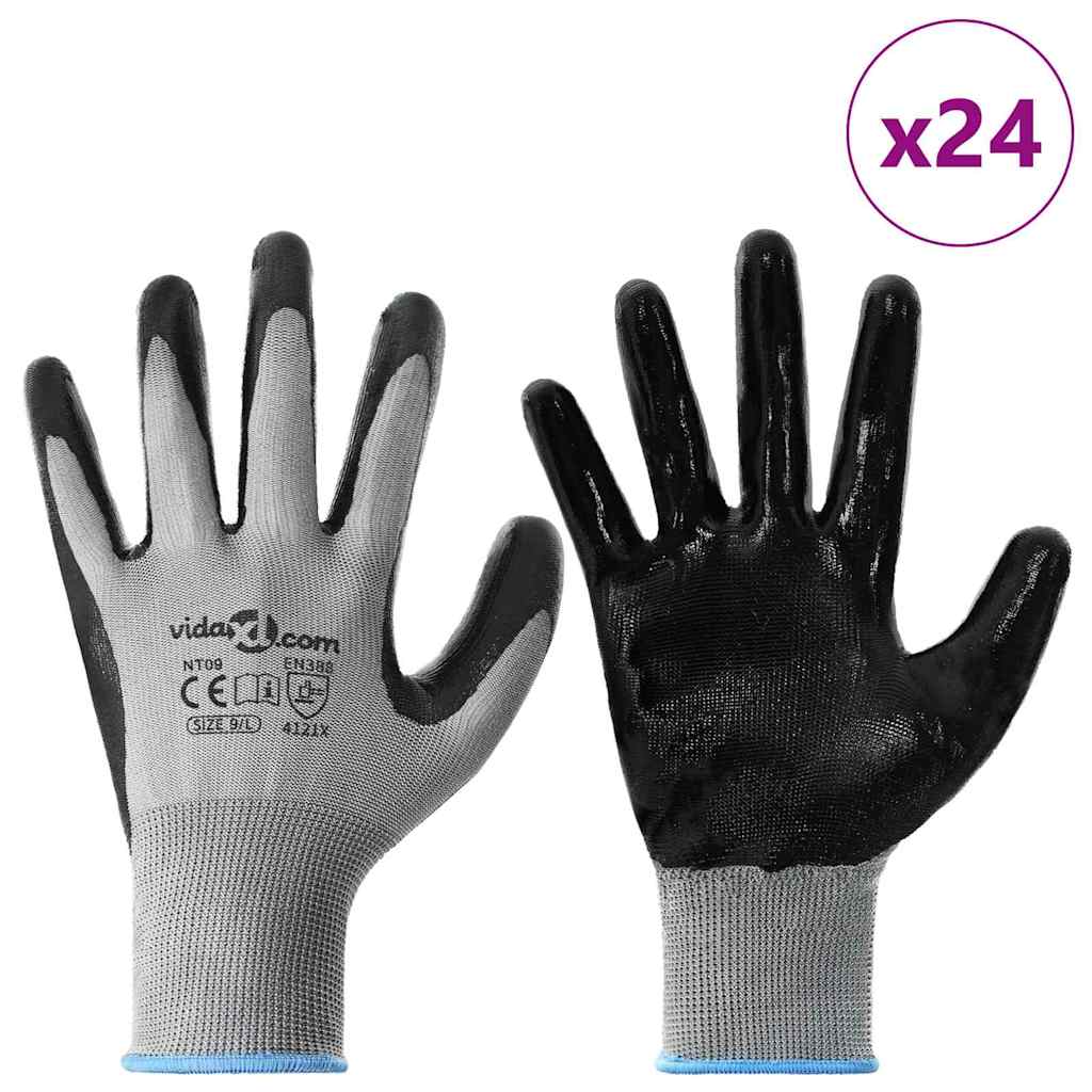 Vidaxl werkhandschoenen 24 pcs grijs en zwart 9 l polyester
