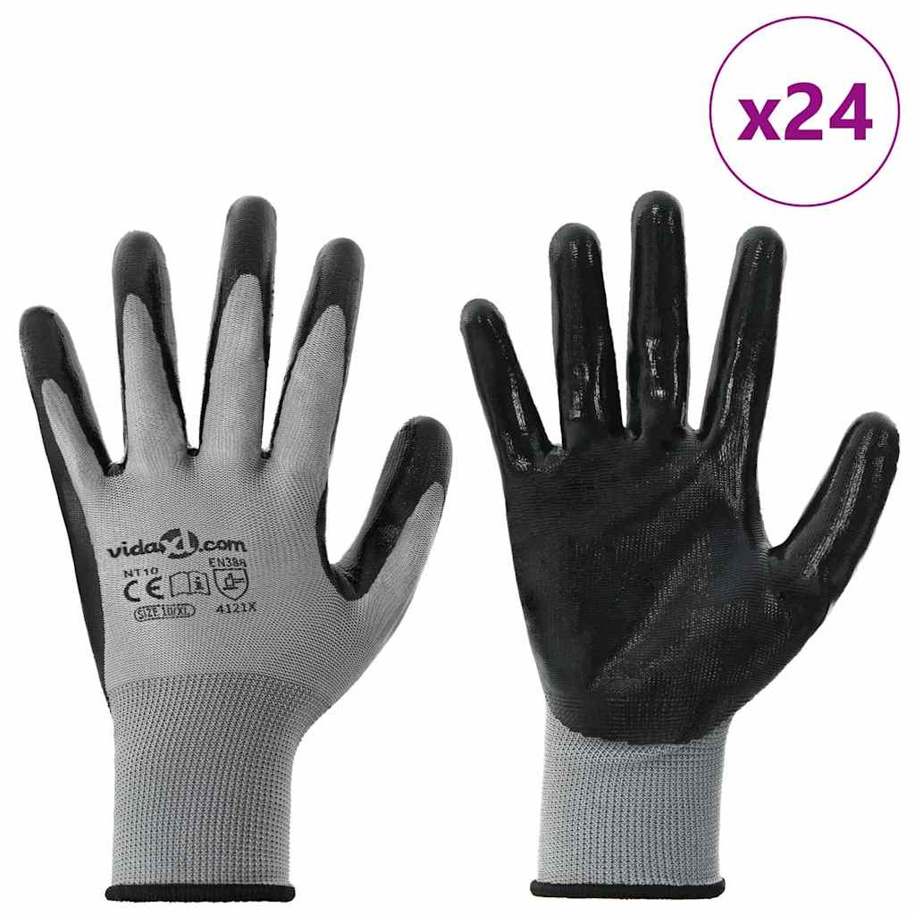 Vidaxl werkhandschoenen 24 pcs grijs en zwart 10 xl polyester