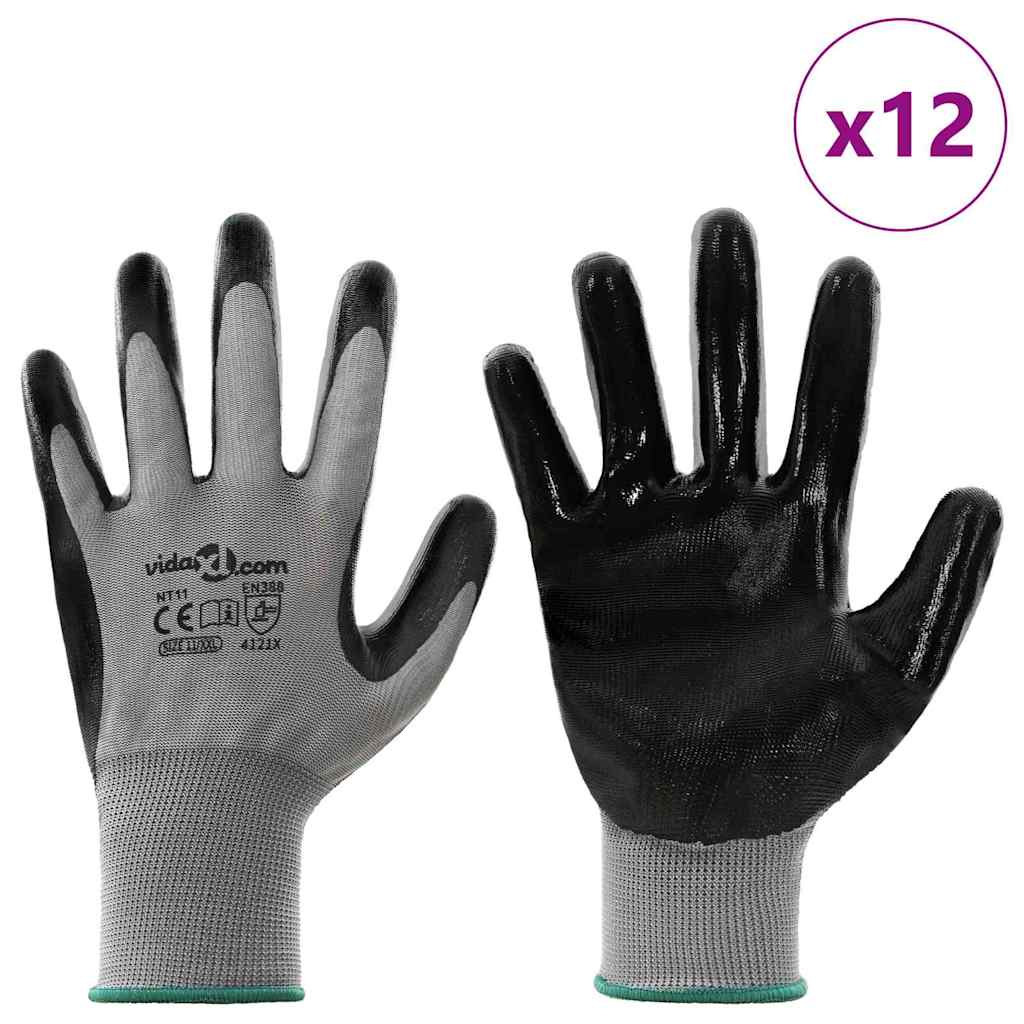 Vidaxl werkhandschoenen 12 pcs grijs en zwart 11 xxl polyester
