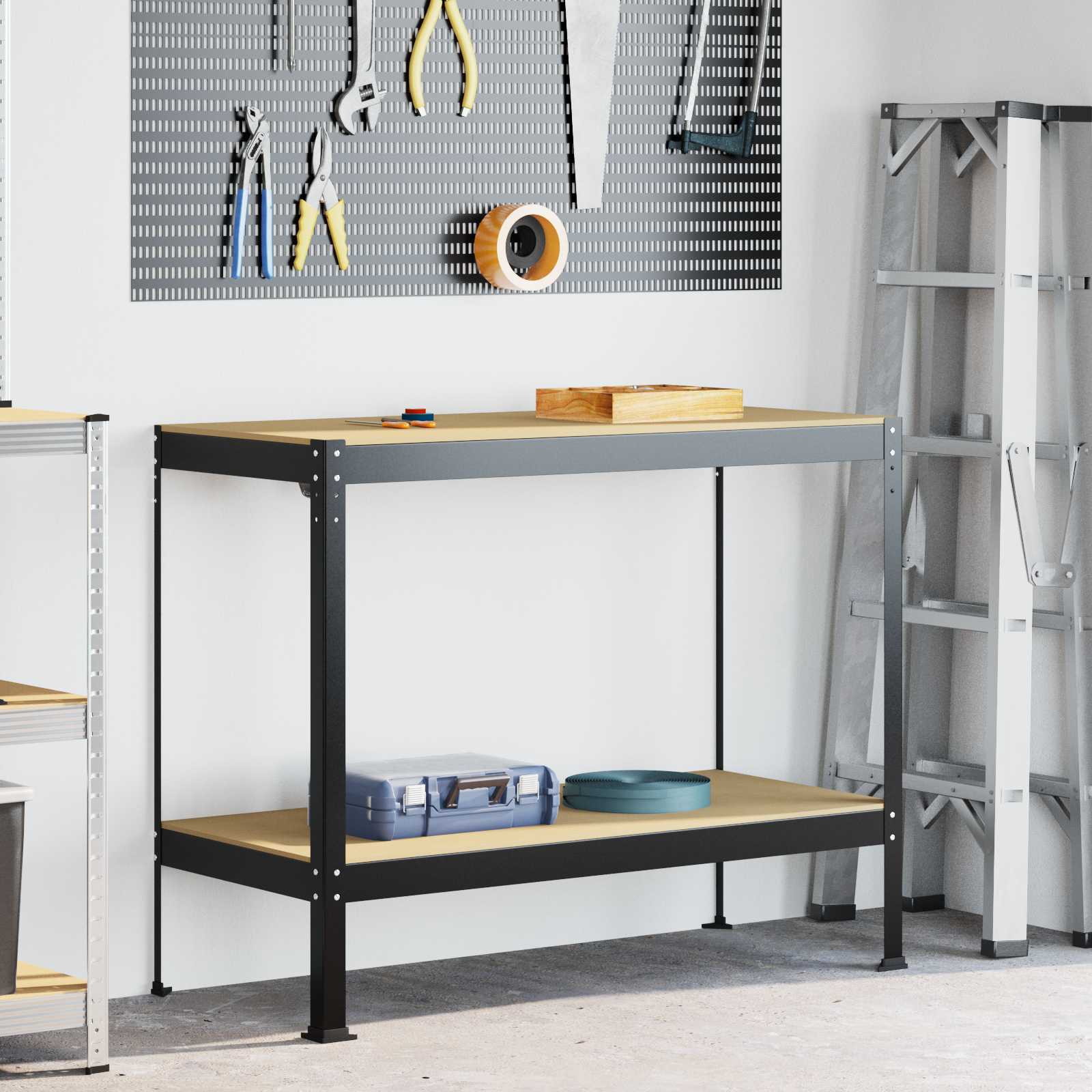Vidaxl werkbanken met plank zwart 115 x 55 x 91 cm bewerkt hout