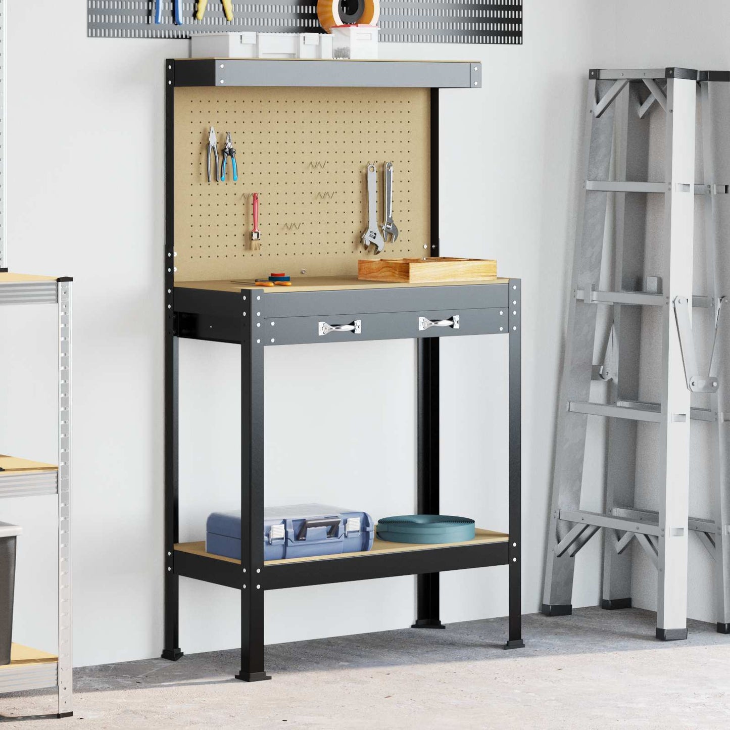 Vidaxl werkbank met lade met plank zwart 81 x 41 x 145 cm metaal