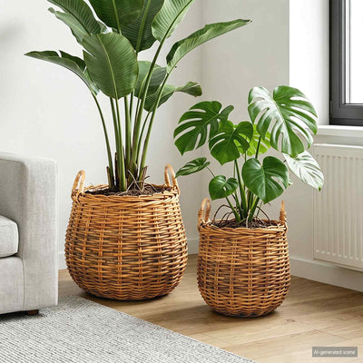 Vidaxl cesta para plantas con almacenamiento 2 piezas mimbre lacak marrón