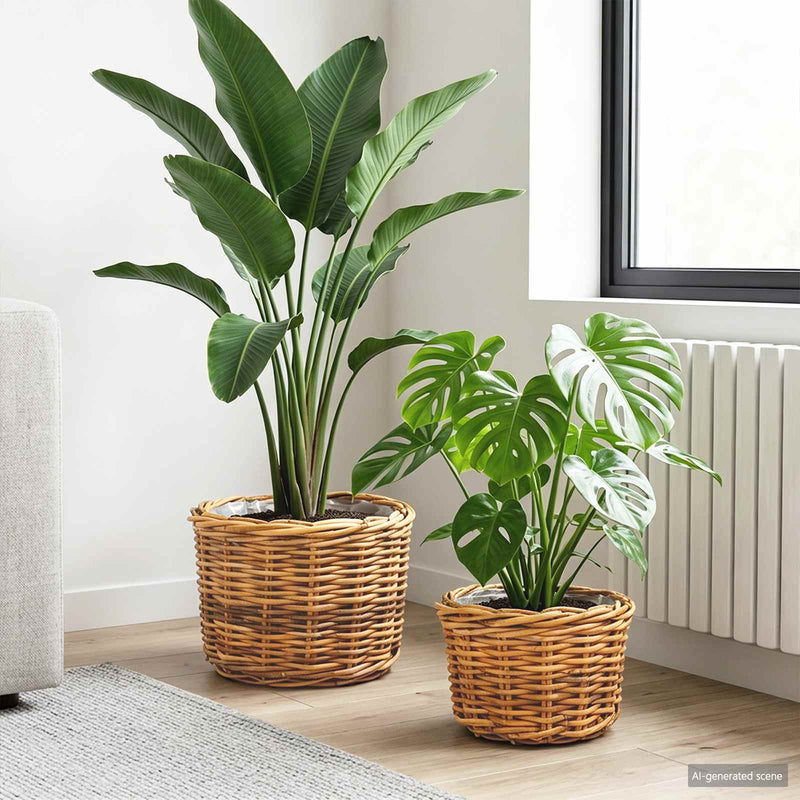 Vidaxl cesto portafiori con contenitore, 2 pezzi, kubu rattan marrone