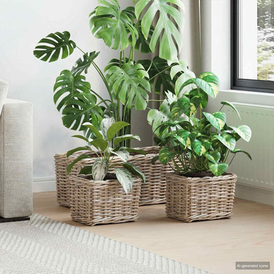 Vidaxxl cesta para plantas con almacenamiento 3 piezas ratán kubu gris