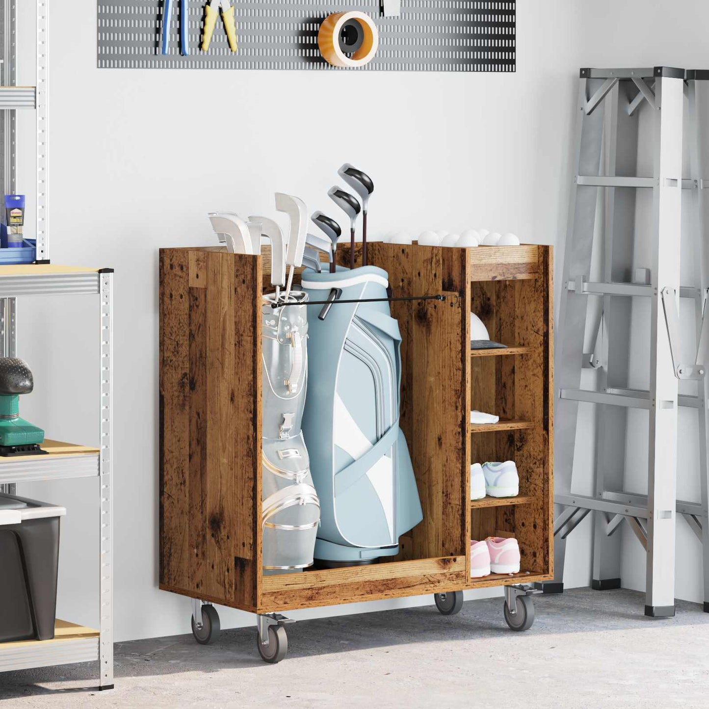 Mobile da golf Vidaxx con ruota, legno vecchio liscio, 90 x 45 x 98 cm