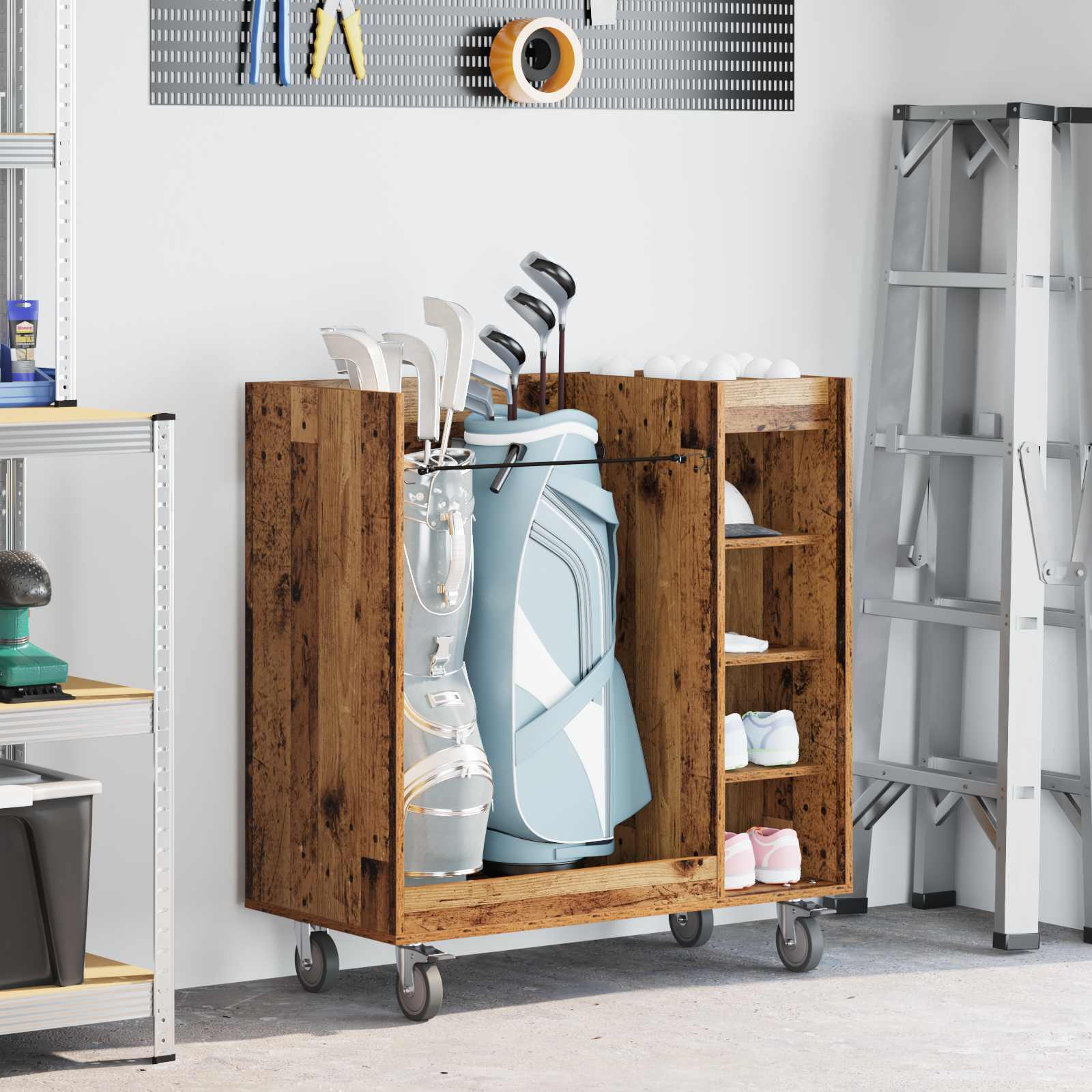 Mobile da golf Vidaxx con ruota, legno vecchio liscio, 90 x 45 x 98 cm