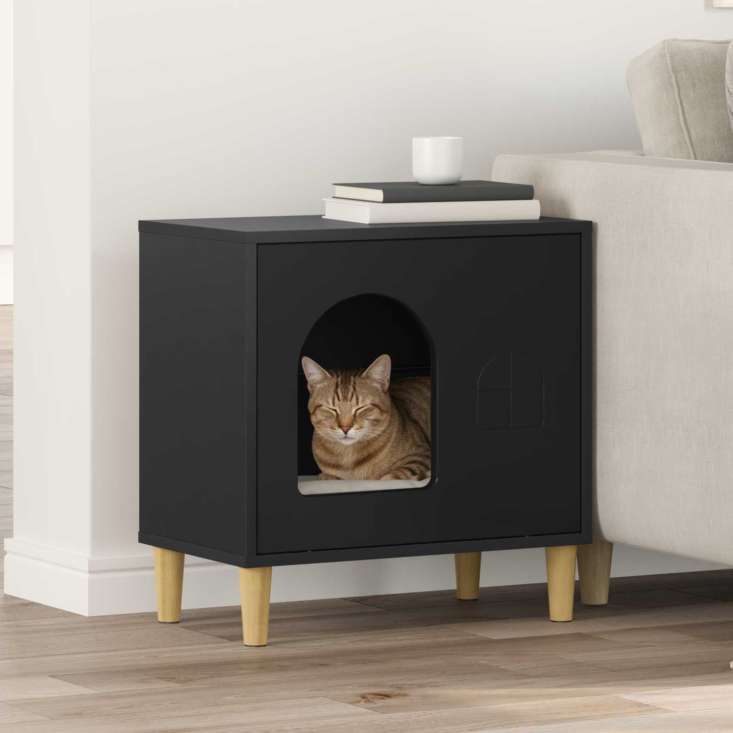 Casa para gatos vidaxxl negra 51 x 30 x 52 cm de madera artesanal