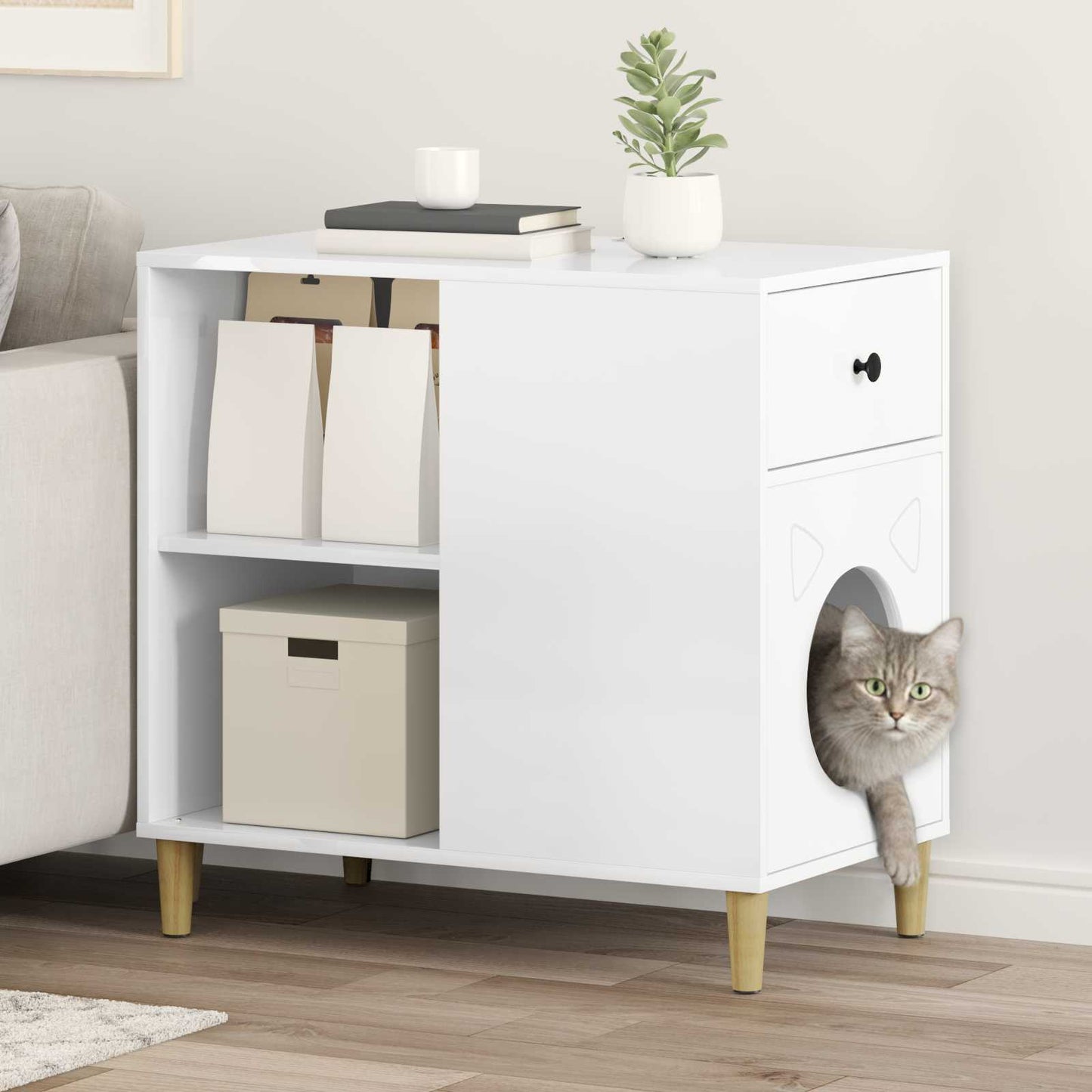 Casa para gatos vidaxxl blanco brillo 72 x 42,5 x 70 cm acabado madera