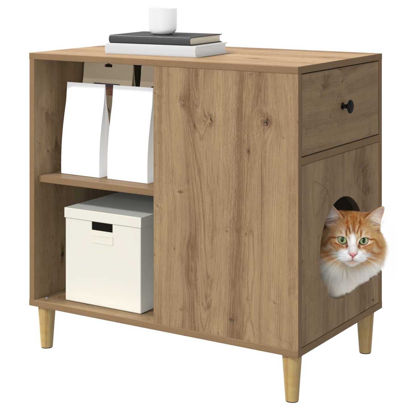 Casa para gatos Vidaxxl hecha a mano de roble 72 x 42,5 x 70 cm de madera contrachapada