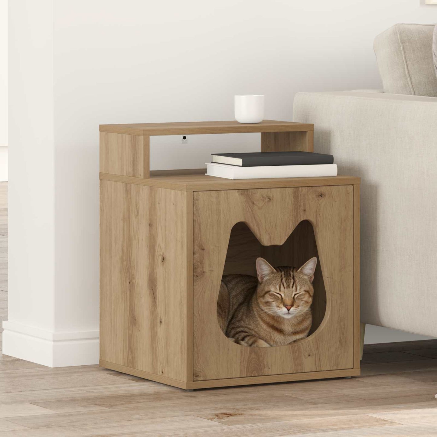 Casa para gatos Vidaxxl hecha a mano de roble 42,5 x 40 x 53,5 cm de madera contrachapada