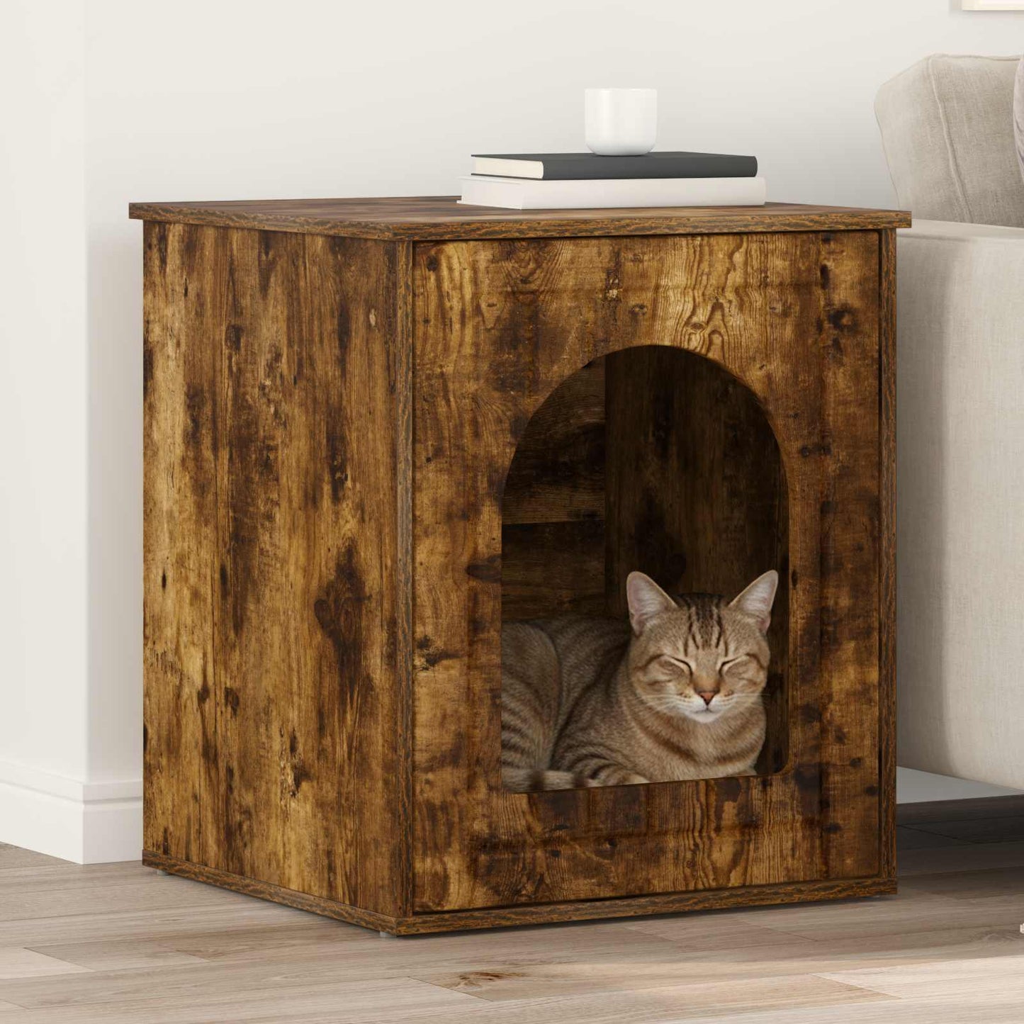 Casa para gatos Vidaxxl roble ahumado 53 x 52 x 62 cm madera procesada