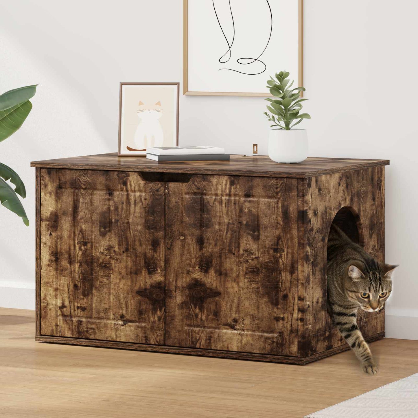 Casa para gatos Vidaxxl roble ahumado 85 x 55 x 50,5 cm madera procesada