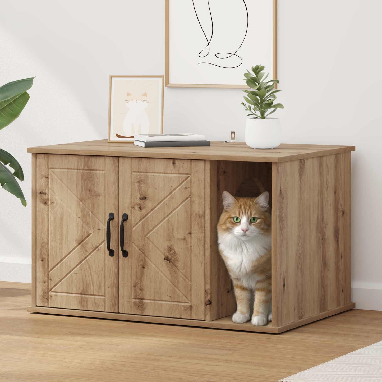 Casa para gatos Vidaxxl hecha a mano de roble 85 x 55 x 50 cm de madera contrachapada