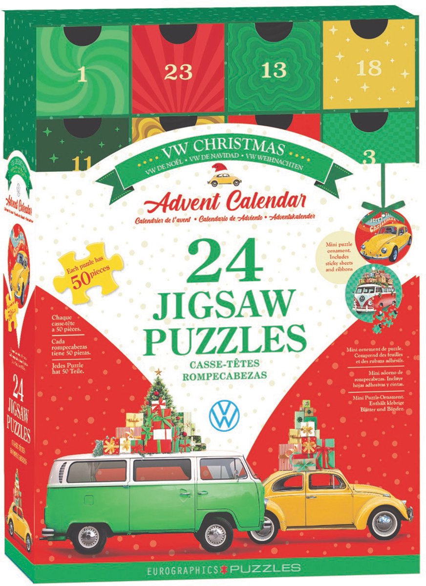 Eurographics volkswagen - calendario dell'avvento natalizio vw - 24x50 pezzi 12,7×12,7 cm (l×a) - puzzle