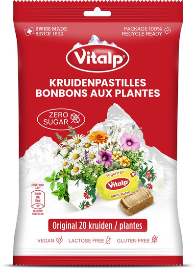Vitalp - pastiglie per la gola - originali con 20 erbe senza zucchero - vegan - 16 buste - 75 grammi