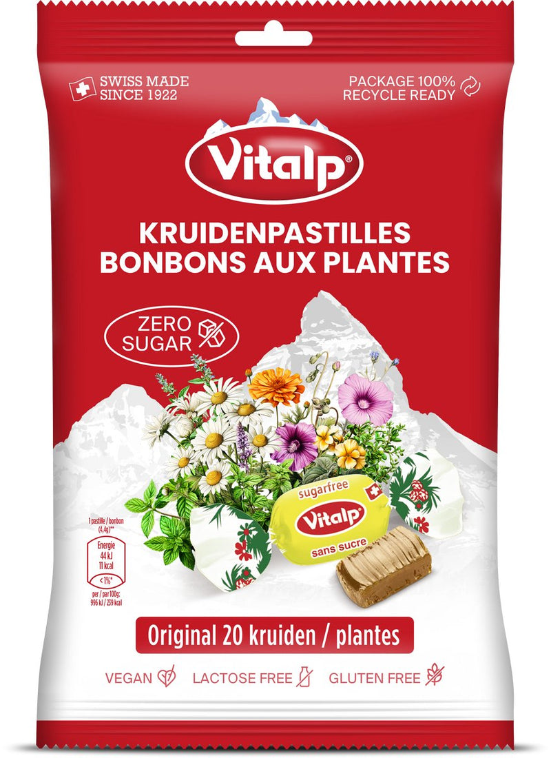 Vitalp - pastiglie per la gola - originali con 20 erbe senza zucchero - vegan - 16 buste - 75 grammi