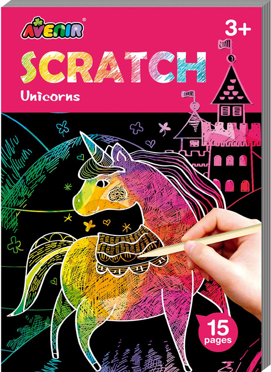 Avenir scratch art boek mini a6 - eenhoorns - 15 pagina's - 3 jaar