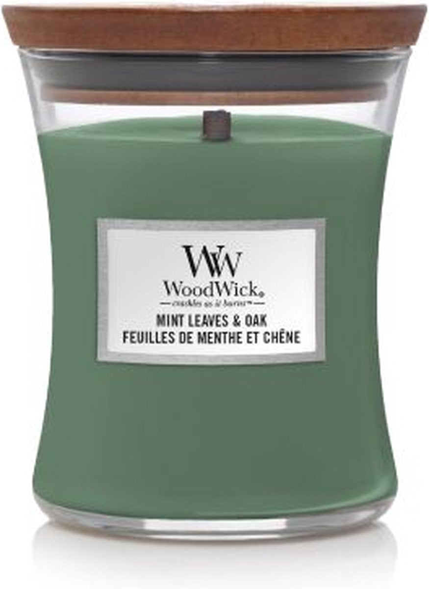 Vela perfumada mediana Woodwick Hourglass - hojas de menta roble - 60 horas de combustión
