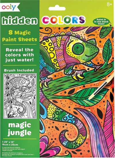 Ooly - fogli di pittura magica colori nascosti - giungla magica - colorare con acqua - pennello incluso - i colori rimangono quando l'immagine si asciuga per un'opera d'arte incorniciabile - contiene 8 fogli di pittura magica - adatto a partire da 8 anni