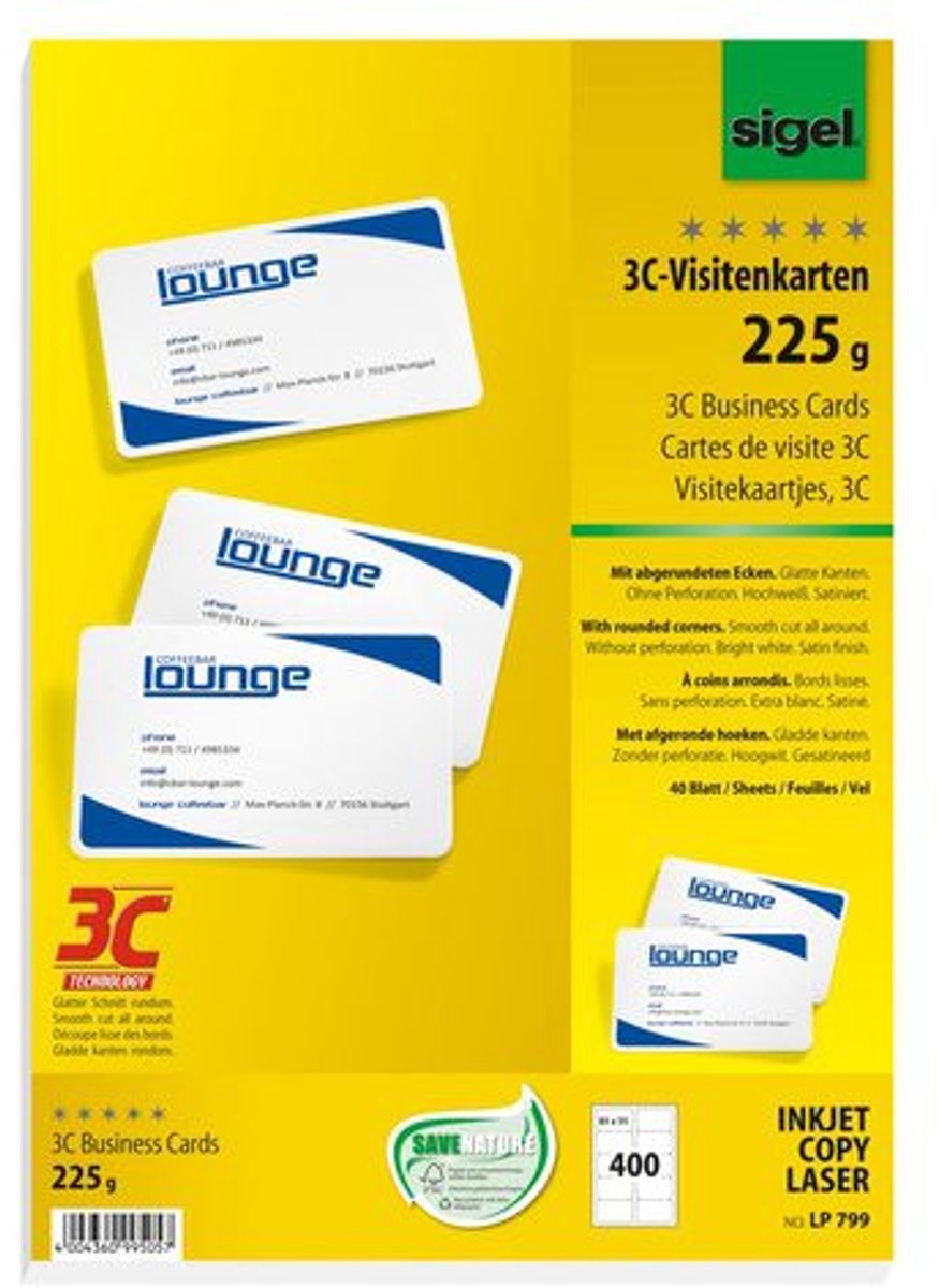 Sigel - tarjetas de visita - blanco - 85x55 mm - 225 gramos - 400 piezas - con esquinas redondeadas - si-lp799