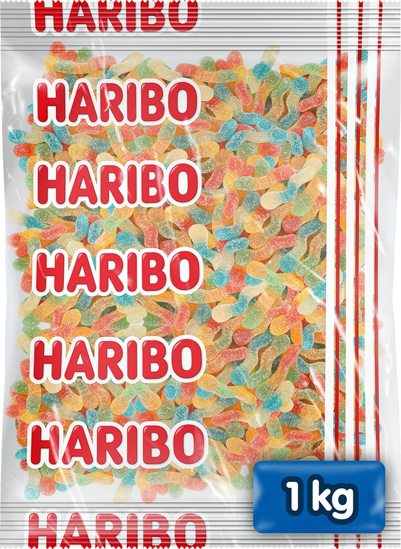 Gusanos arcoíris Haribo - caramelo ácido en sabores de frutas - bolsa de 1kg