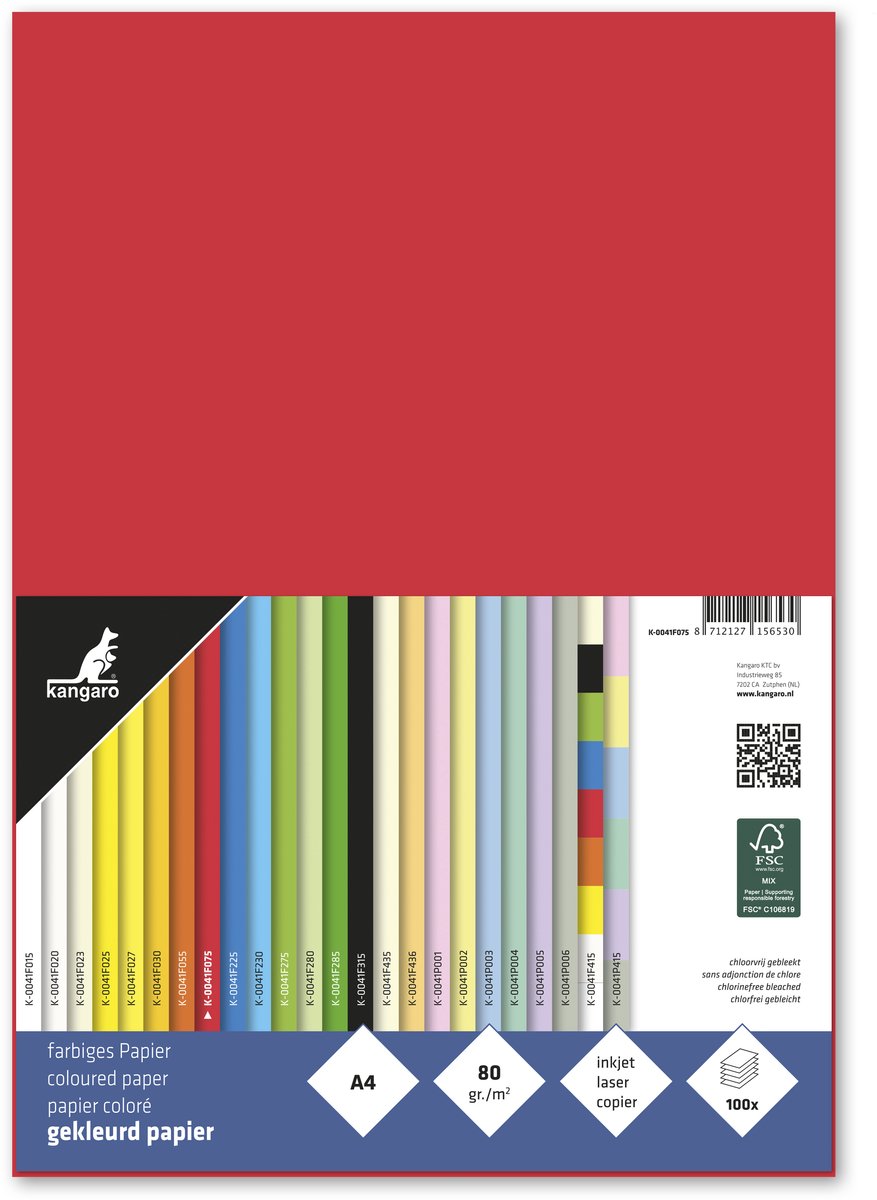 Merkloos sans marque kangaro papier - formaat a4 - 80 grams - rood - pak 100 vel