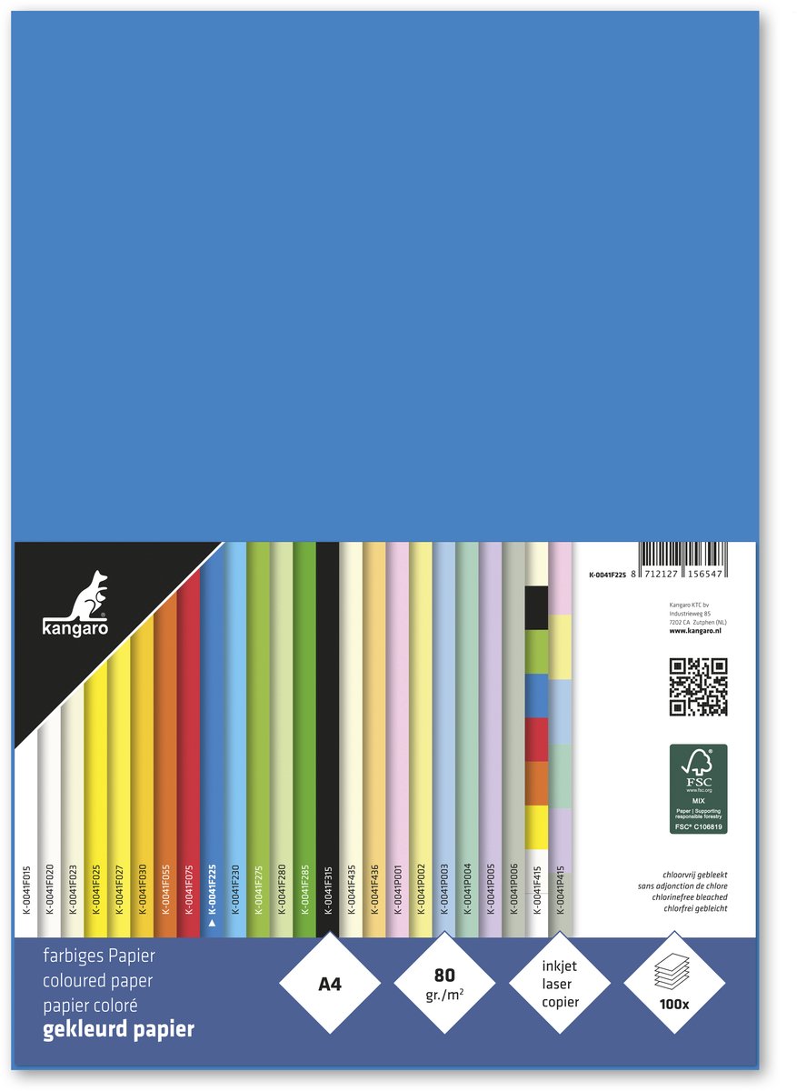Merkloos sans marque kangaro papier - formaat a4 - 80 grams - blauw - pak 100 vel