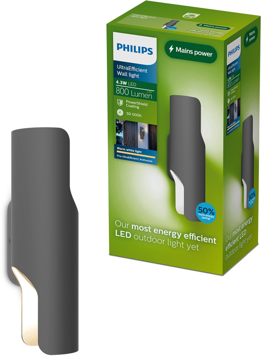 Philips led philips fira wandlamp - buitenverlichting - schijnt in twee richtingen - warmwit licht: 2700k - antraciet - aluminium - powershield coating - lange levensduur