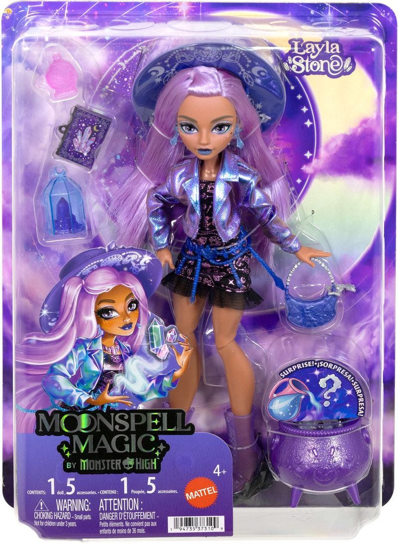 Mattel moonspell magic de monster high - muñeca de moda layla stone - bruja de cristal con accesorios