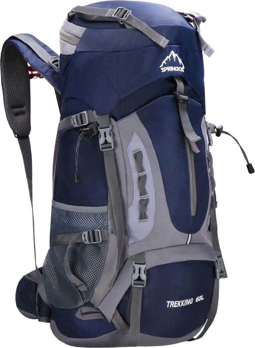 Mochila Springos - mochila - multifuncional - camping - viaje - funda para lluvia - silbato - 60 litros - gris azul