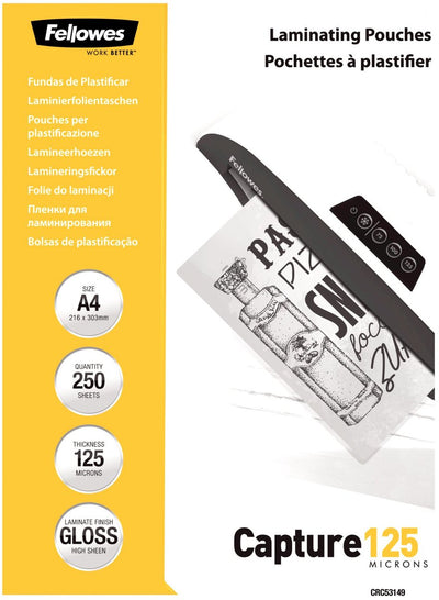 Bolsas para plastificar Fellowes a4 - 125 micras - brillantes - 250 piezas - paquete económico