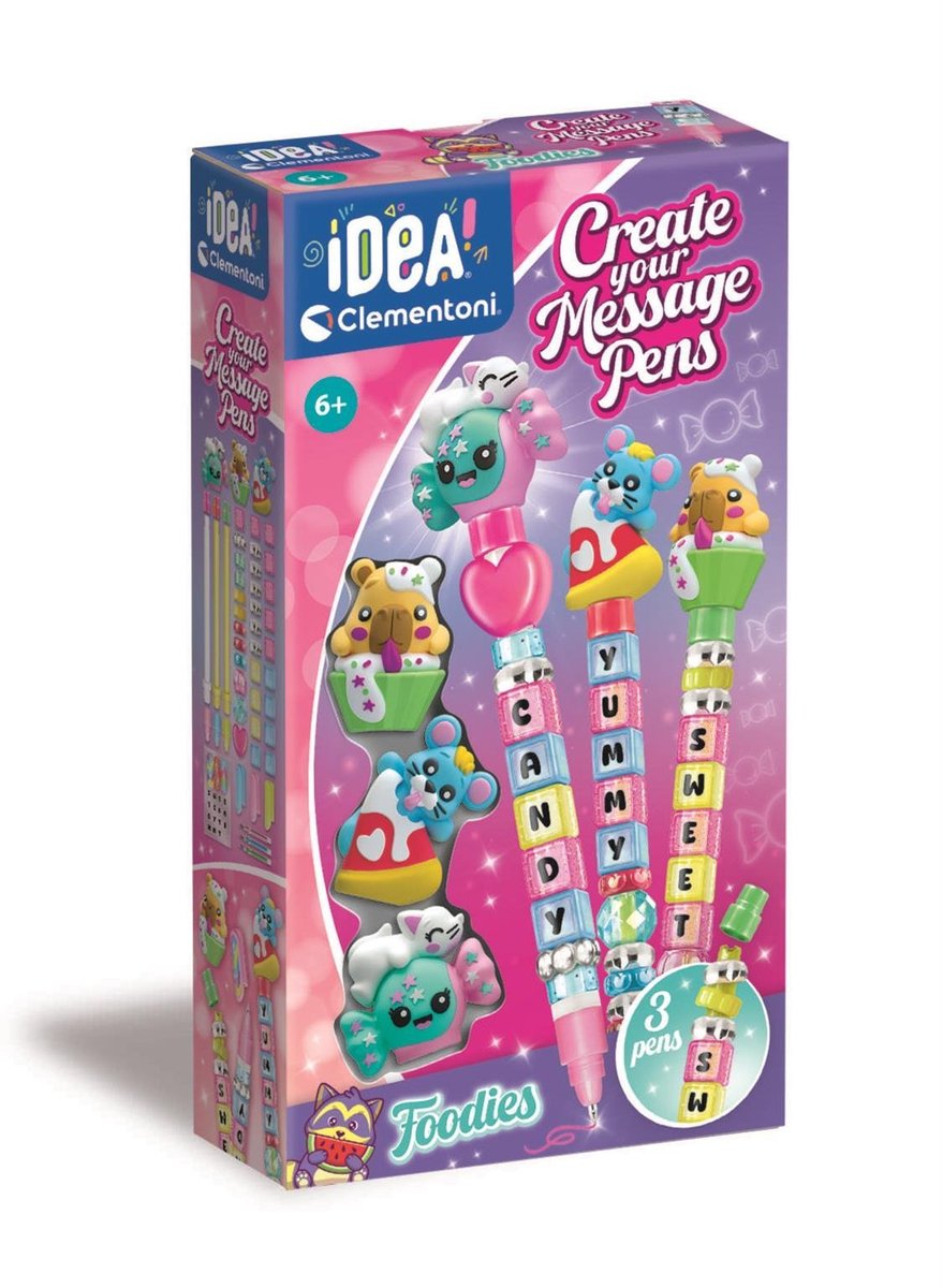 Clementoni crea tu mensaje bolígrafo foodies - kit de manualidades para hacer bolígrafos - regalo artesanal creativo - set de manualidades para niñas y niños a partir de 6 años