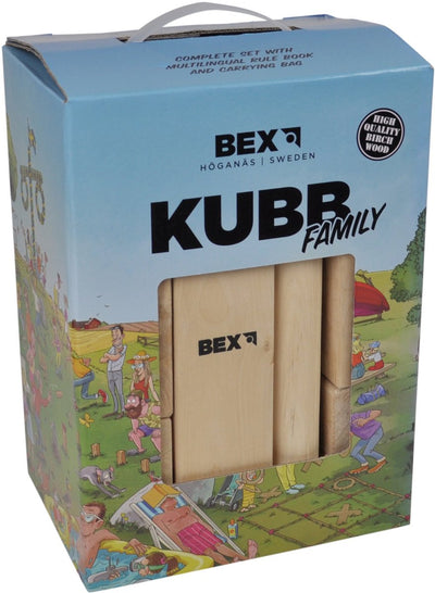 Familia Bex Kubb – Ajedrez vikingo sueco – Juego sostenible al aire libre – Madera de abedul FSC – Rey con corona de color madera – A partir de 8 años – Incluye red de almacenamiento con cordón