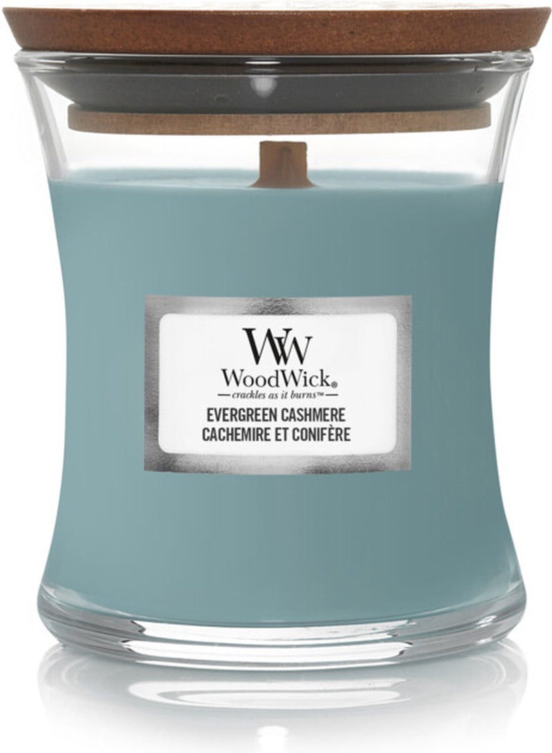 Woodwick geurkaars mini candle - evergreen cashmere - 20 branduren - 85gr - 8 cm ø 7 cm