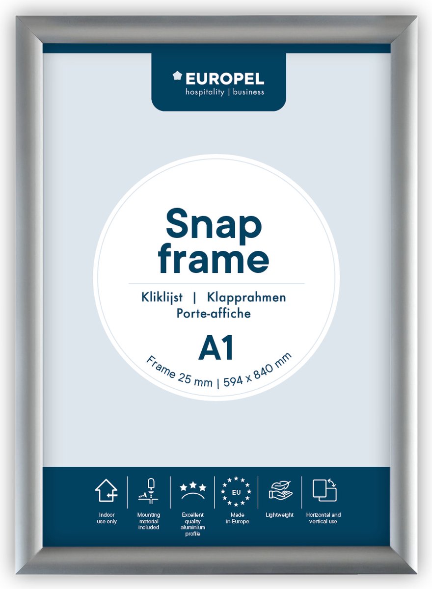 Cornice a clic Europel – cornice per poster – A1 – 59,4 x 84 cm – 25 mm – alluminio – argento