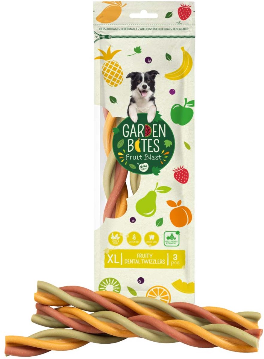 Duvo plus bocconcini da giardino - twizzlers dentali fruttati snack per cani - dolcetti per cani - vegetariani senza glutine - extra large 3 pezzi